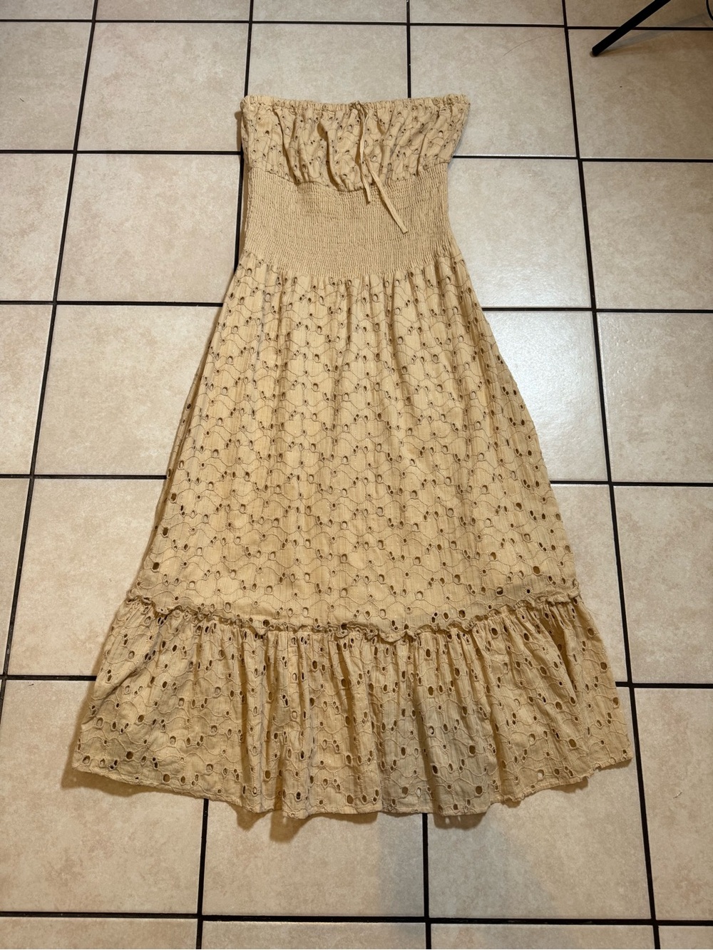 Strapless Beige Eyelet Midi Dress with Smocked Bodice